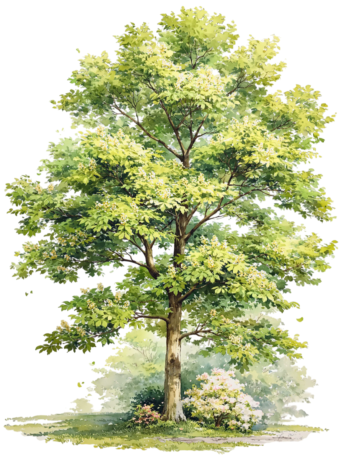 Watercolor painting of a blossoming cherry tree