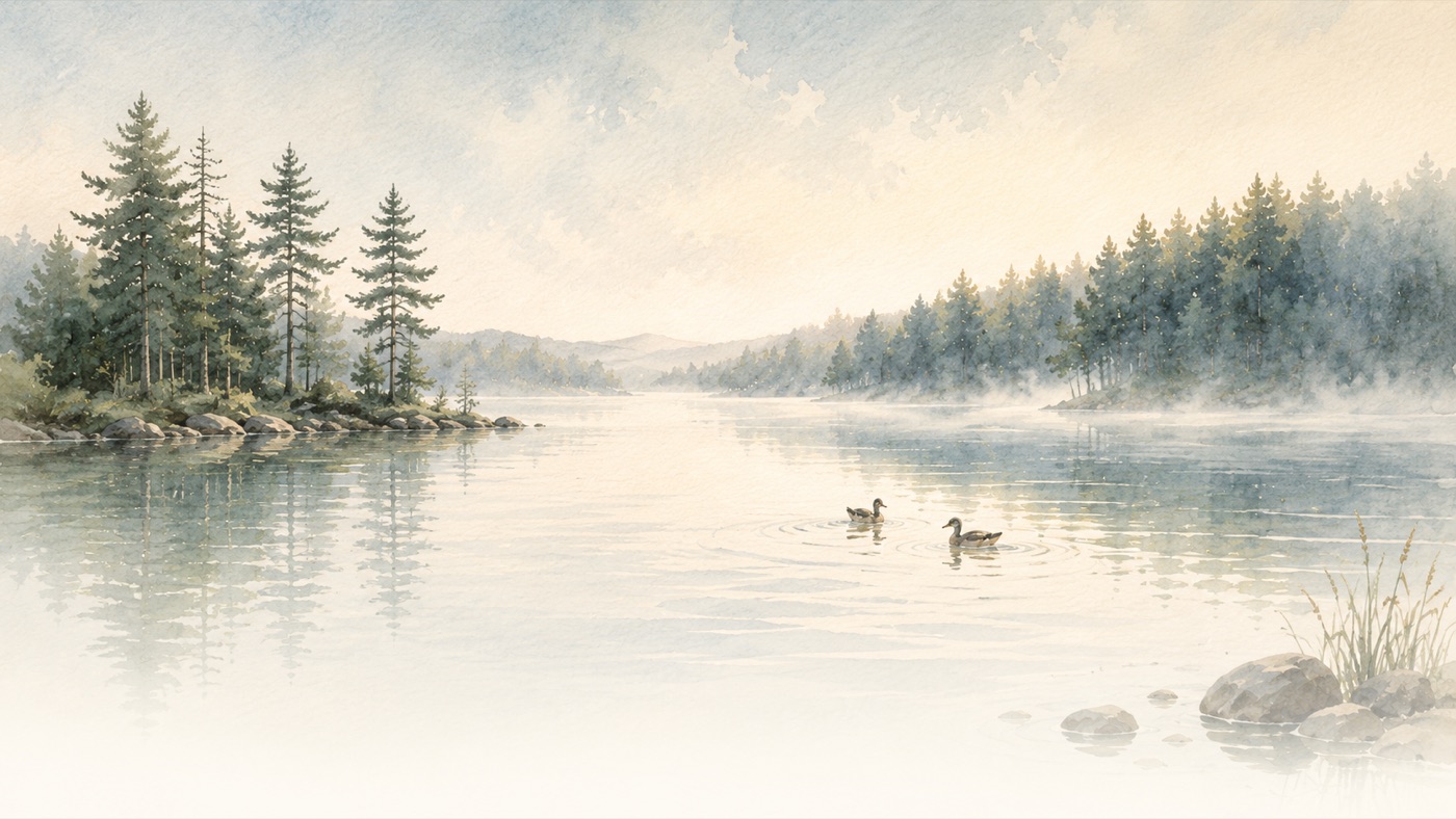 Watercolor lake resting under a soft, still sky