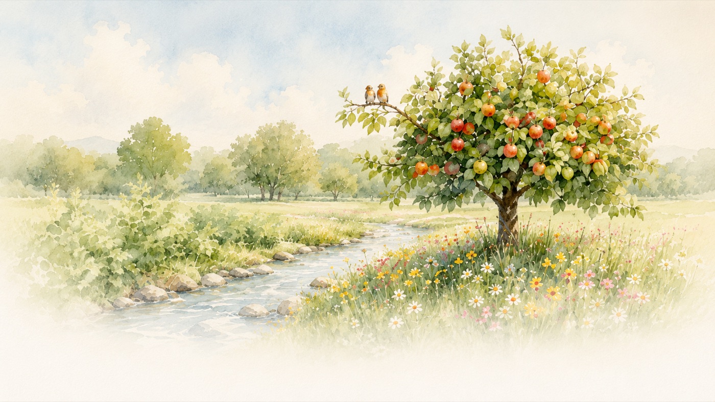 Watercolor tree standing on a calm, open hillside