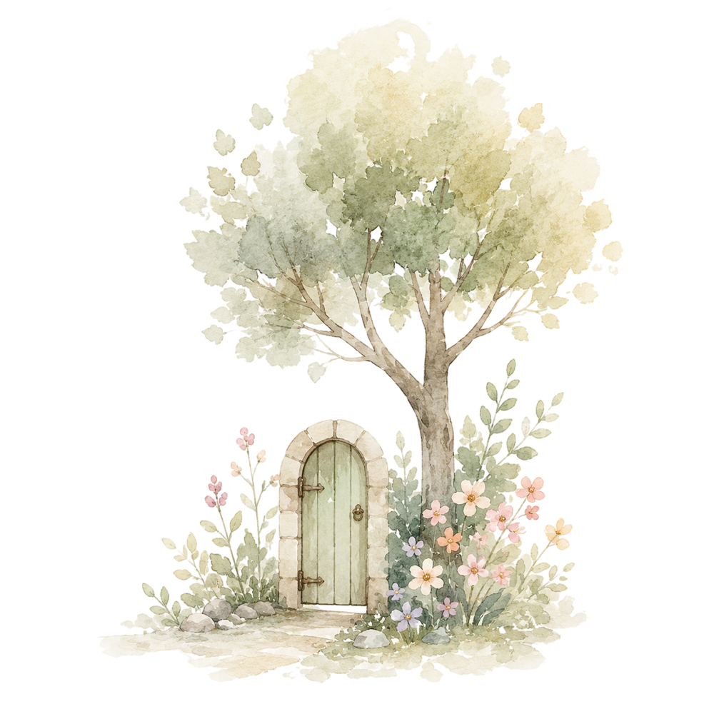 Watercolor painting of a tree framing a garden gateway